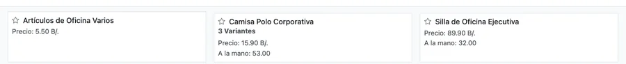 Catálogo de productos de la aplicación de Inventario de Odoo, incluyendo un producto con variantes
