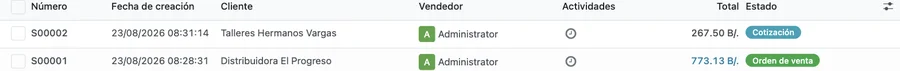 Lista de cotizaciones y órdenes de venta en Odoo, cada una con su estado