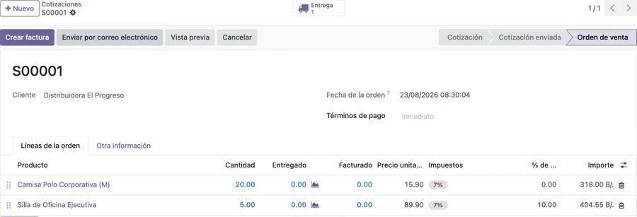 Orden de venta confirmada en Odoo con descuento aplicado y botón de entrega