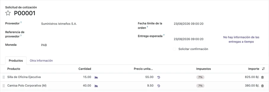 Solicitud de cotización a proveedor en Odoo con líneas de producto y precios