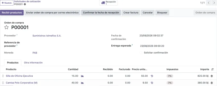 Orden de compra confirmada en Odoo con botones para recibir productos y crear factura