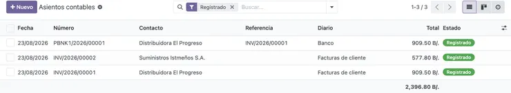 Lista de asientos contables en Odoo generados automáticamente desde facturas y pagos