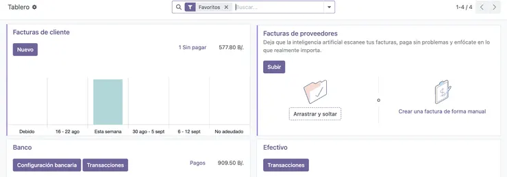 Tablero de Contabilidad en Odoo con facturas de cliente, pagos y saldos bancarios