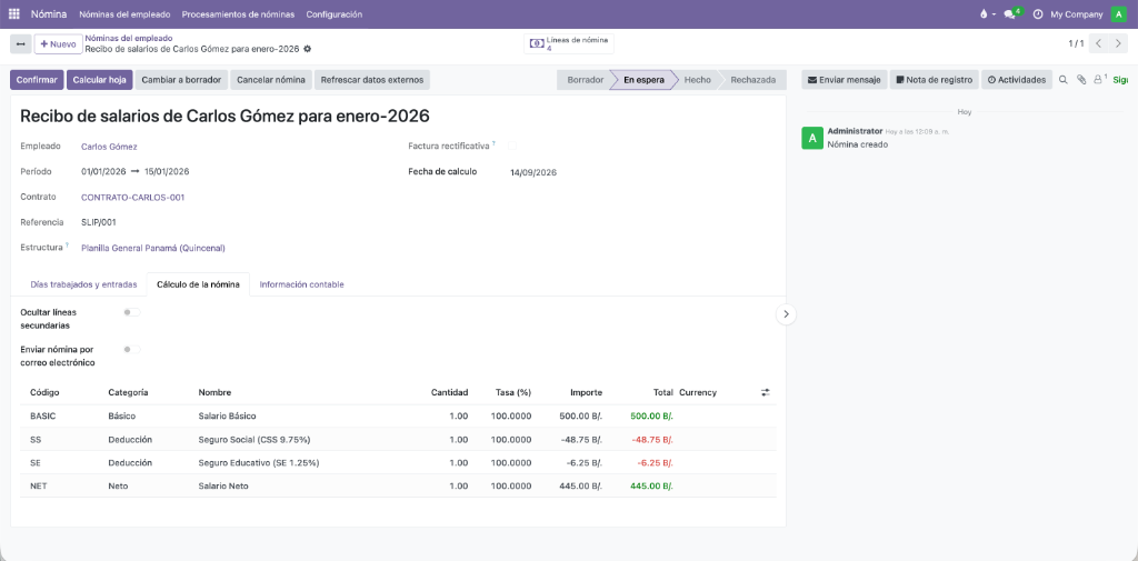 Recibo de Salarios Quincenal Calculado