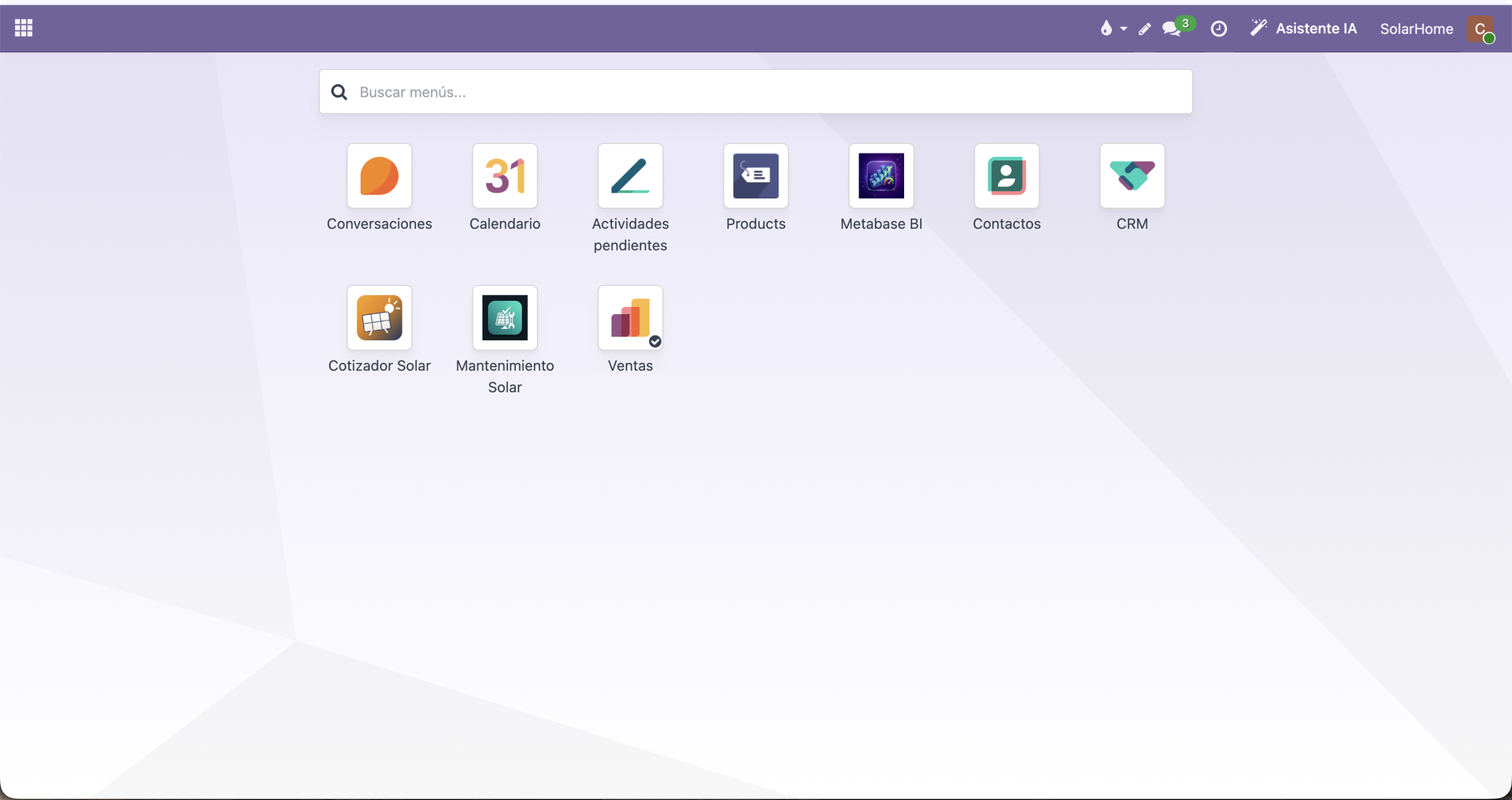 Pantalla principal de Odoo con las aplicaciones del Cotizador Solar y Mantenimiento Solar