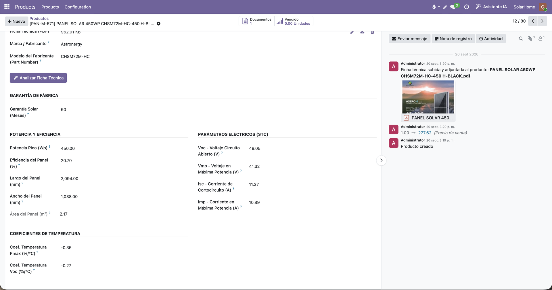 Lista de paneles solares con potencia, eficiencia y precio en Odoo