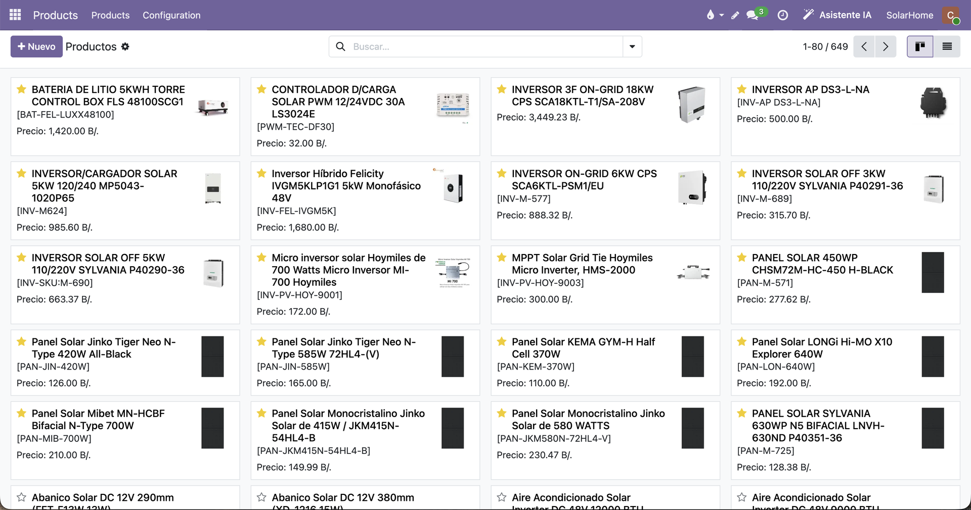 Menú Catálogo de Equipos del Cotizador Solar en Odoo