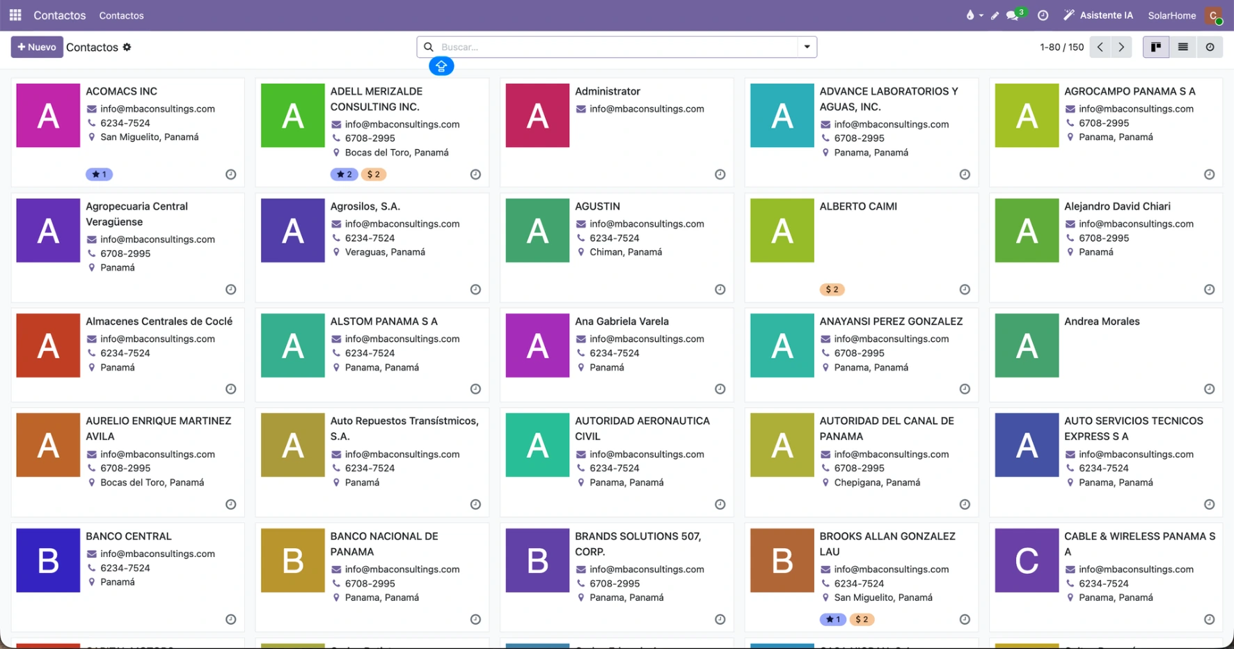 Contactos de clientes en Odoo en vista de tarjetas