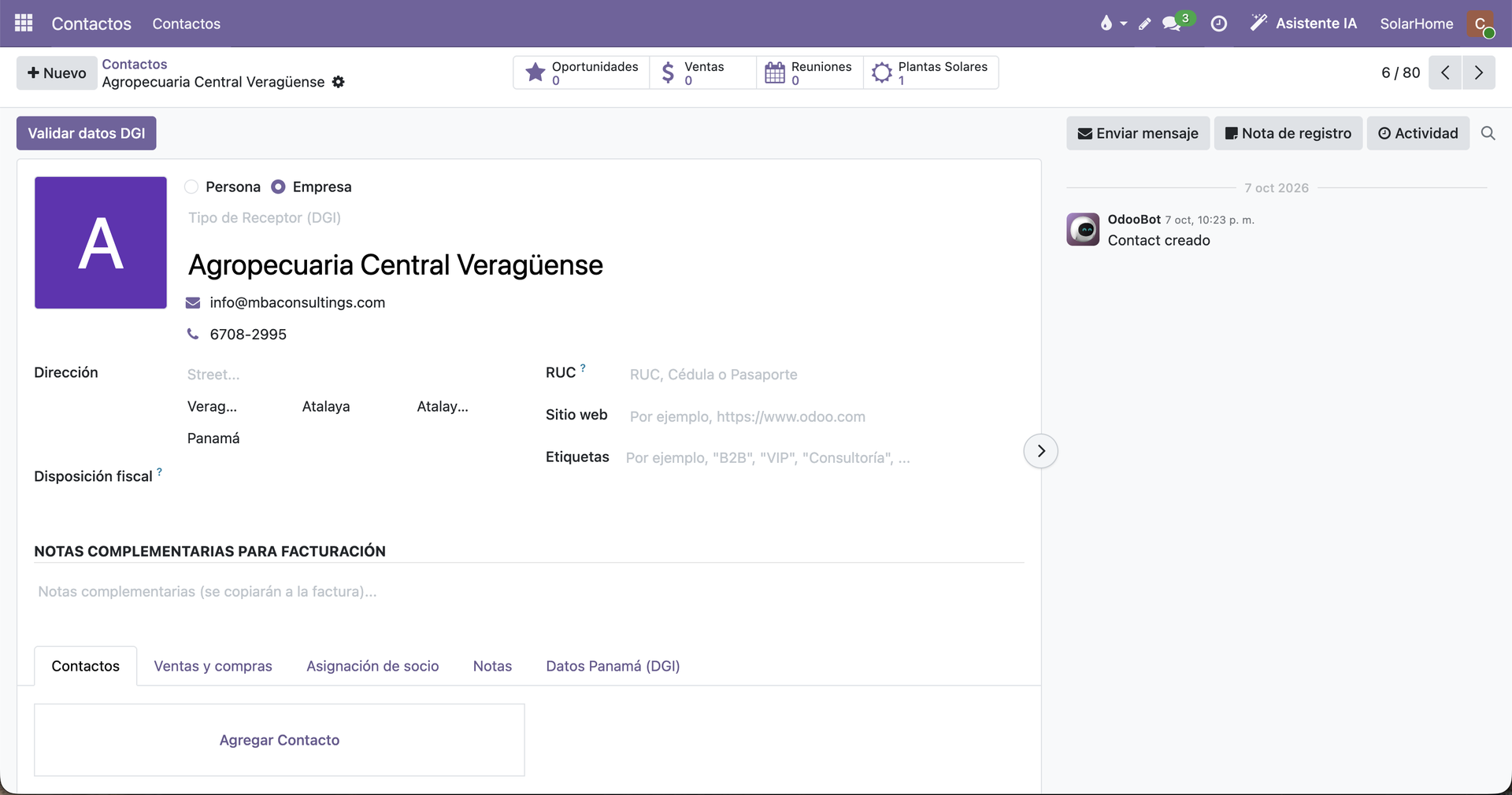 Ficha de un contacto de cliente en Odoo