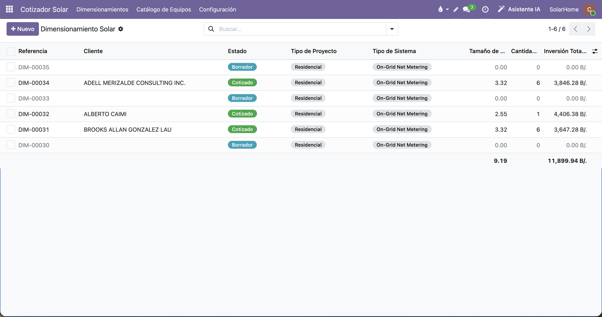 Listado de dimensionamientos solares en Odoo con estado, kWp e inversión total