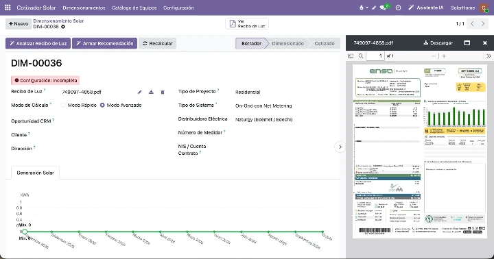 Recibo de luz cargado en un dimensionamiento solar de Odoo
