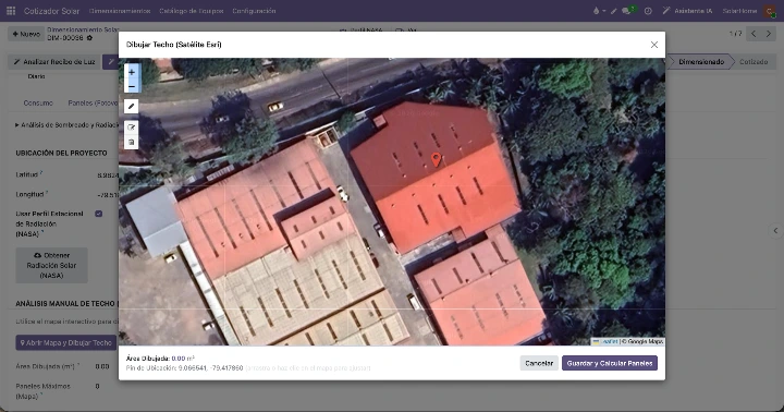 Ubicación y techo del cliente en el mapa para el dimensionamiento solar