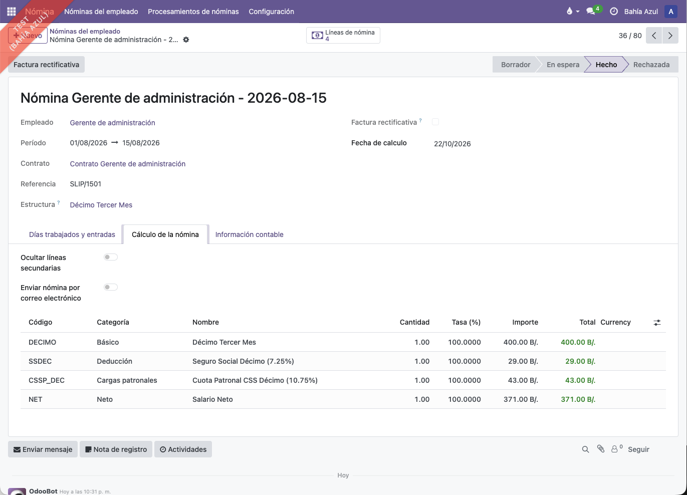 Recibo del décimo tercer mes en Odoo con Seguro Social 7.25% y cuota patronal