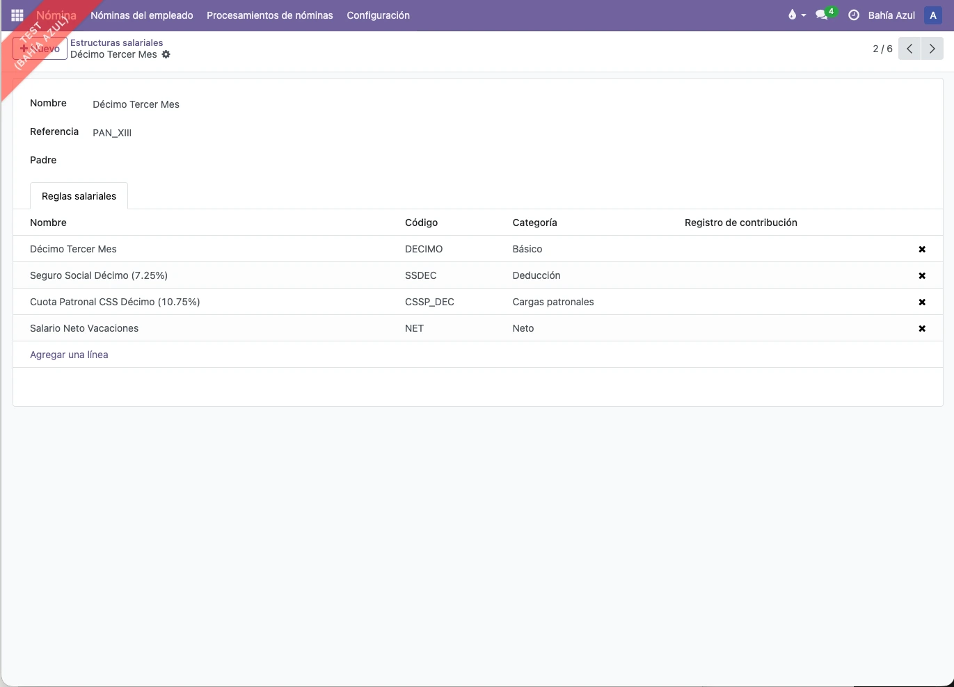 Estructura salarial Decimo Tercer Mes en Odoo con sus reglas de salario