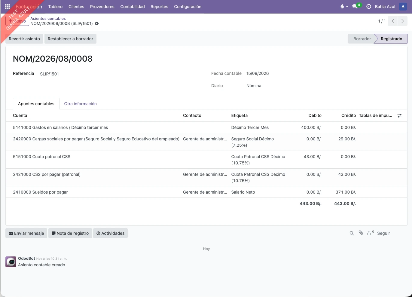 Asiento contable del decimo tercer mes generado automaticamente en Odoo